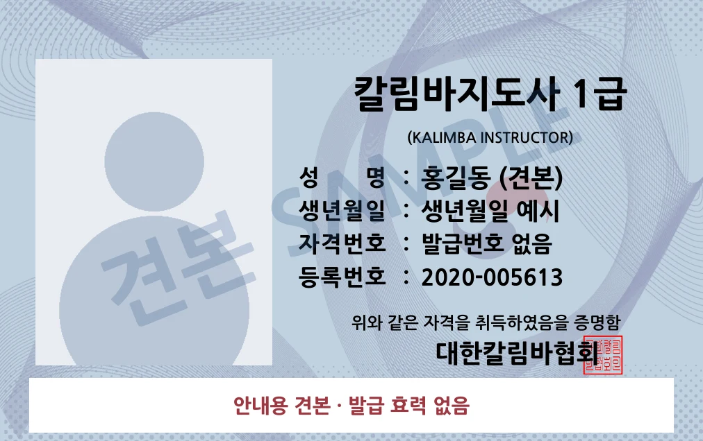 칼림바지도사 1급 대한칼림바협회 카드형 · 앞면 견본 · 발급 효력 없음