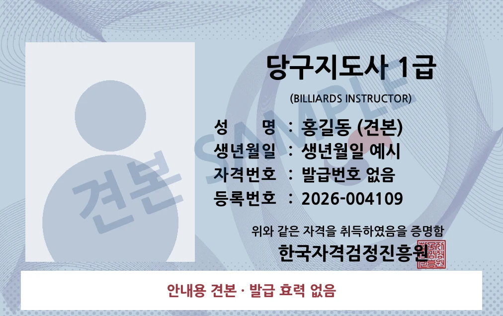 당구지도사 1급 한국자격검정진흥원 카드형 · 앞면 견본 · 발급 효력 없음