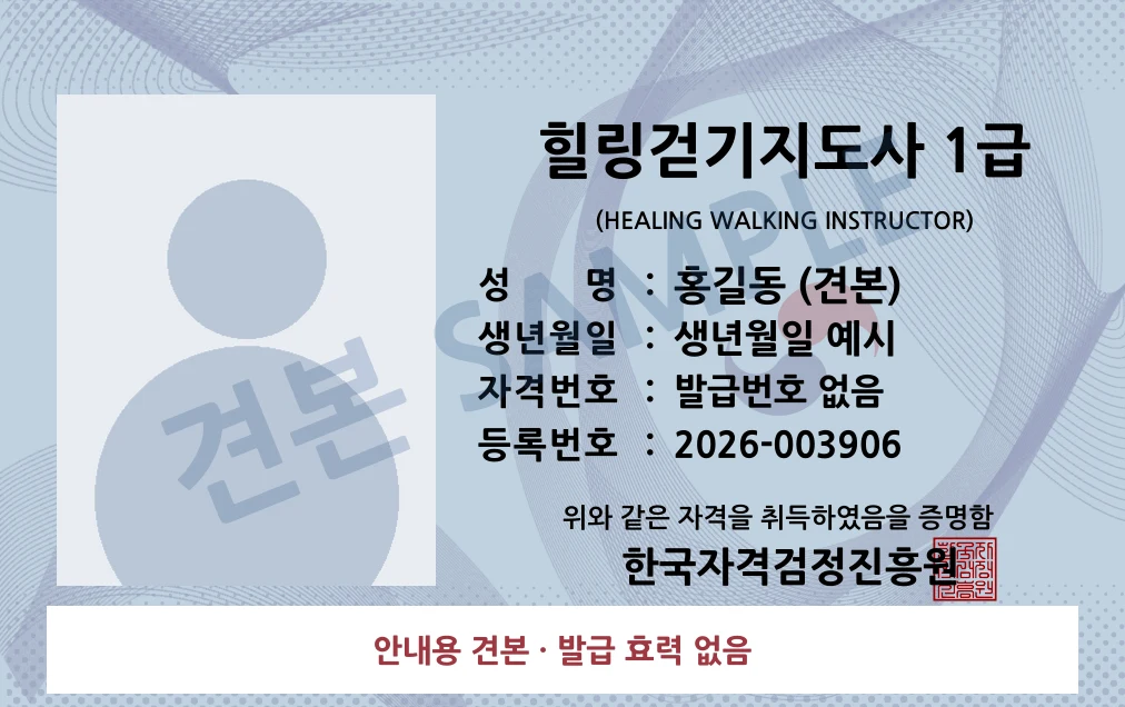 힐링걷기지도사 1급 한국자격검정진흥원 카드형 · 앞면 견본 · 발급 효력 없음