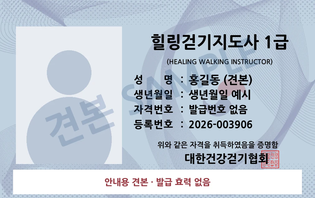 힐링걷기지도사 1급 대한건강걷기협회 카드형 · 앞면 견본 · 발급 효력 없음