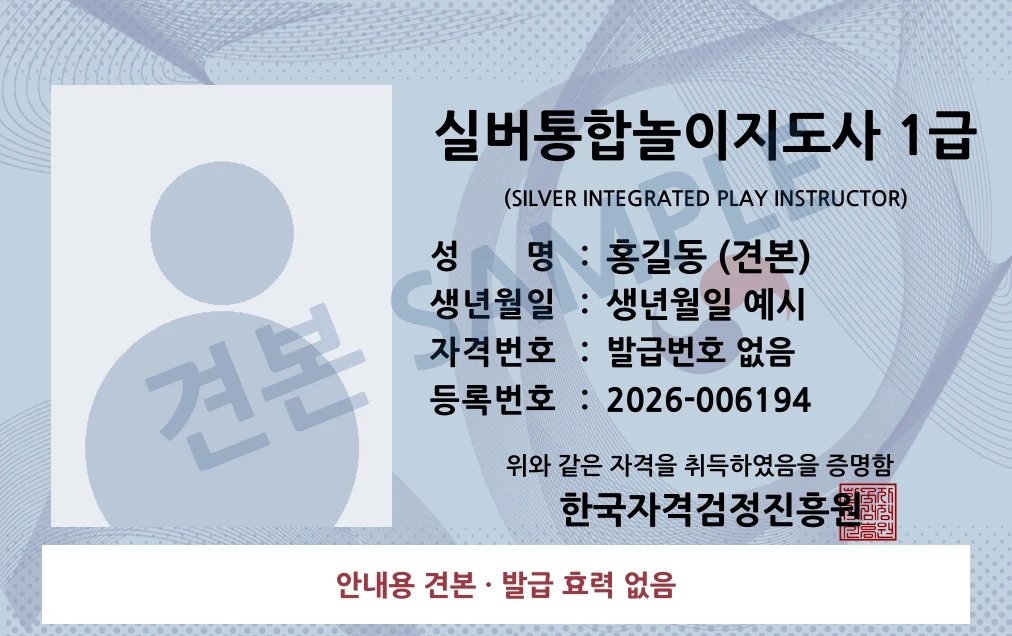실버통합놀이지도사 1급 한국자격검정진흥원 카드형 · 앞면 견본 · 발급 효력 없음