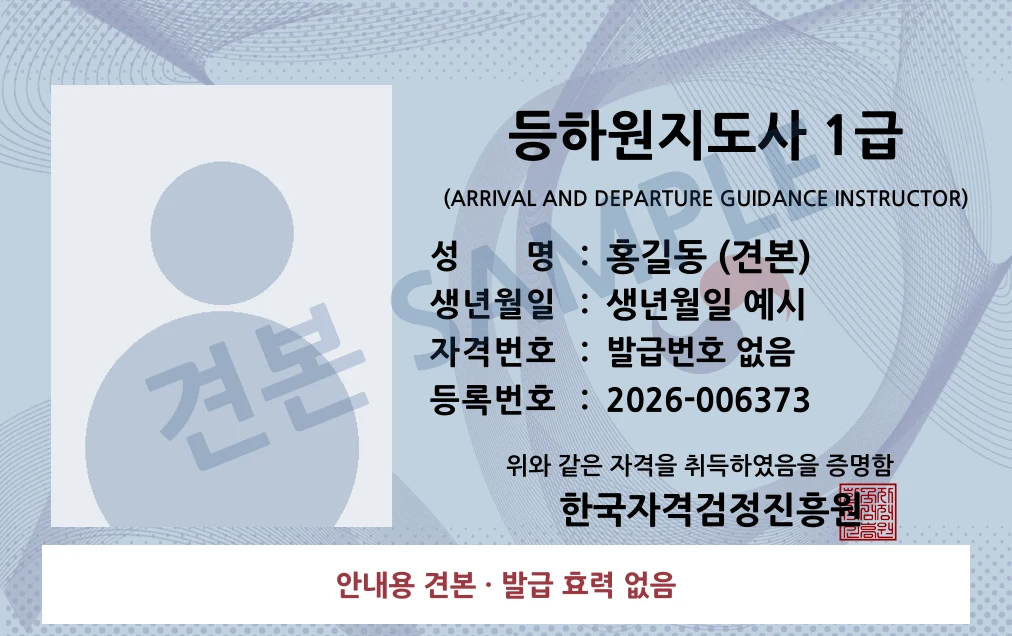 등하원지도사 1급 한국자격검정진흥원 카드형 · 앞면 견본 · 발급 효력 없음